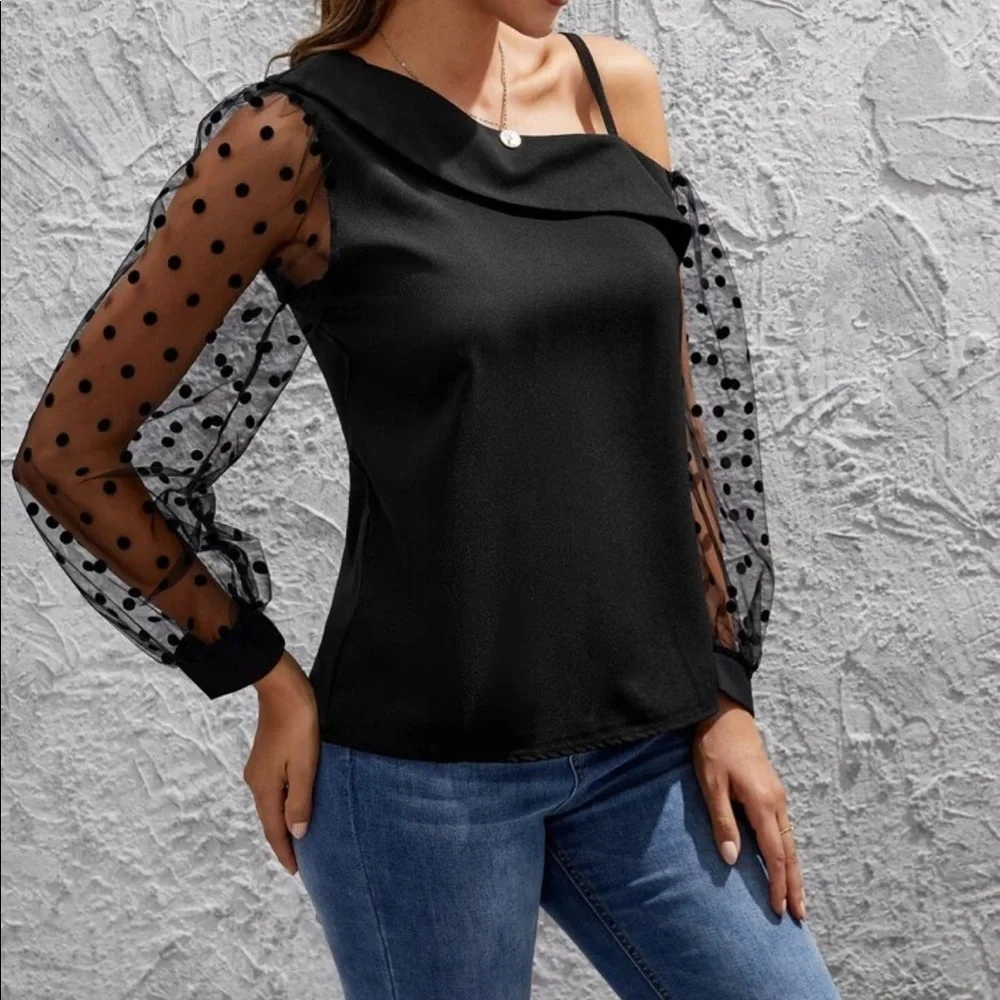 Boho black mesh dot sleeve blouse